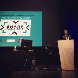 Opening ceremonies: Ian Gadd (SHARP President) speaks (photographed by Jason Ensor, photo from Twitter).
